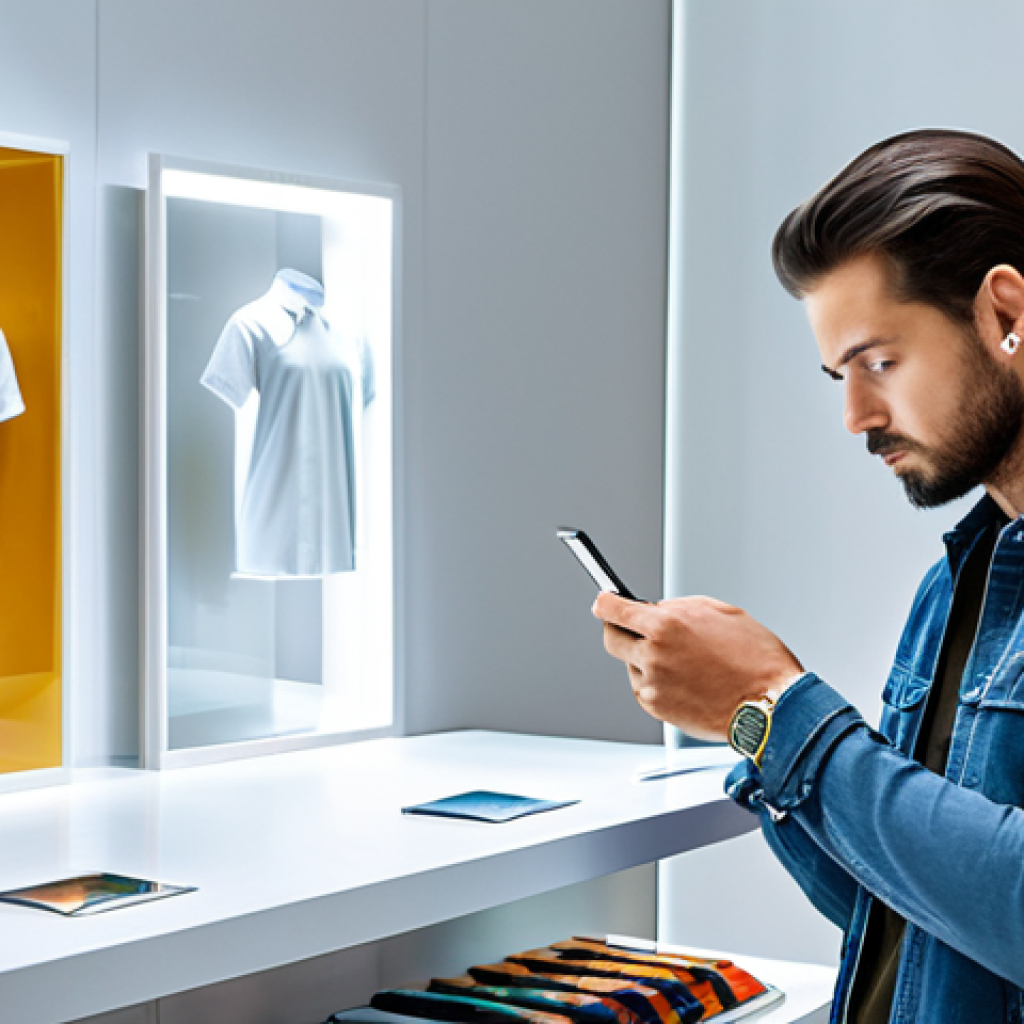 A person with a focused expression intently viewing a sleek, limited edition product on a display in a modern, well-lit retail pop-up store, a subtle empty space next to it suggesting scarcity. The person is dressed in smart casual, modest clothing. High quality, professional photography, natural pose, perfect anatomy, correct proportions, well-formed hands, proper finger count, natural body proportions, safe for work, appropriate content, fully clothed, family-friendly.