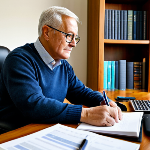 Home 28 A mature male professional, approximately 55-60 years old, fully clothed in a modest, dark business casual sweater and collared shirt. He is seated comfortably at a sturdy wooden desk in a well-lit, organized home office. He is carefully reviewing documents on a desktop computer monitor, with a physical notebook and pen beside him, indicating a methodical approach to information and a blend of traditional and digital methods. The background shows a bookshelf filled with classic books, suggesting a value for tradition and stability. He has perfect anatomy, correct proportions, and a natural pose. Well-formed hands, proper finger count, and natural body proportions are ensured. This image is safe for work, appropriate content, and family-friendly, portraying professional dress.