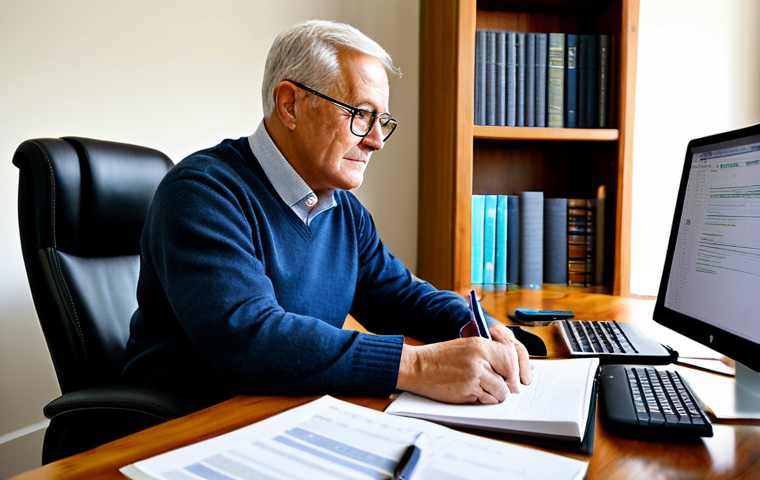 A mature male professional, approximately 55-60 years old, fully clothed in a modest, dark business casual sweater and collared shirt. He is seated comfortably at a sturdy wooden desk in a well-lit, organized home office. He is carefully reviewing documents on a desktop computer monitor, with a physical notebook and pen beside him, indicating a methodical approach to information and a blend of traditional and digital methods. The background shows a bookshelf filled with classic books, suggesting a value for tradition and stability. He has perfect anatomy, correct proportions, and a natural pose. Well-formed hands, proper finger count, and natural body proportions are ensured. This image is safe for work, appropriate content, and family-friendly, portraying professional dress.