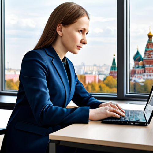 Home 26 **
"A professional businesswoman in a modest business suit, sitting at a desk in a modern Moscow office, fully clothed, appropriate attire, safe for work, perfect anatomy, natural proportions, professional photography, high quality, family-friendly. The office features a view of the Moscow City skyline. She is working on a laptop, looking confident and engaged."
**