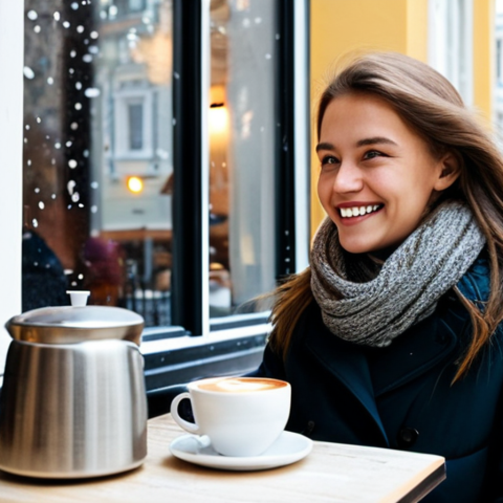 **A cozy cafe scene in St. Petersburg:** A young woman with a warm smile, fully clothed in a stylish winter coat and scarf, sits at a table in a brightly lit cafe. A steaming cup of coffee is in front of her, and snowflakes are gently falling outside the window. In the background, other patrons are chatting quietly. Safe for work, appropriate content, fully clothed, professional, perfect anatomy, natural proportions, family-friendly.