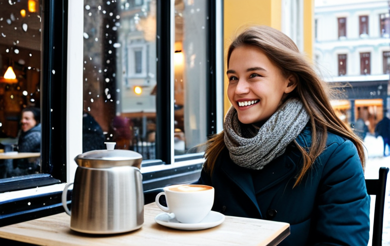 **A cozy cafe scene in St. Petersburg:** A young woman with a warm smile, fully clothed in a stylish winter coat and scarf, sits at a table in a brightly lit cafe. A steaming cup of coffee is in front of her, and snowflakes are gently falling outside the window. In the background, other patrons are chatting quietly. Safe for work, appropriate content, fully clothed, professional, perfect anatomy, natural proportions, family-friendly.