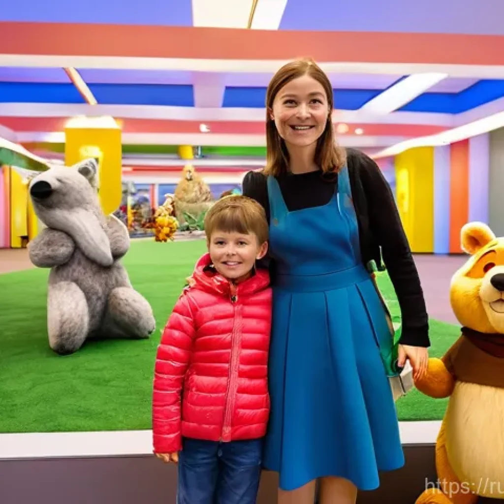 미미 캐릭터와 오프라인 전시회 - **Prompt:** "A vibrant, magical exhibition hall filled with families and children of all ages, happi...