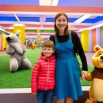 Home 18 미미 캐릭터와 오프라인 전시회 - **Prompt:** "A vibrant, magical exhibition hall filled with families and children of all ages, happi...