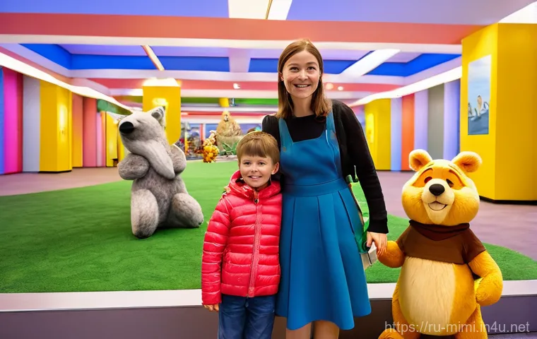 미미 캐릭터와 오프라인 전시회 - **Prompt:** "A vibrant, magical exhibition hall filled with families and children of all ages, happi...