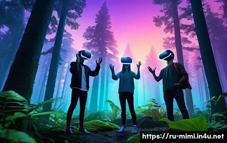 미미 테마파크 사례 분석 - **Prompt 1: Immersive VR Adventure in a Bioluminescent Forest**
"A diverse group of three teenag...