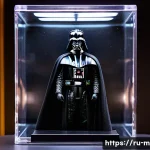 Home 14 미미 캐릭터와 굿즈 투자 전략 - A close-up shot of a pristine, first-edition action figure of Darth Vader from Star Wars, still seal...