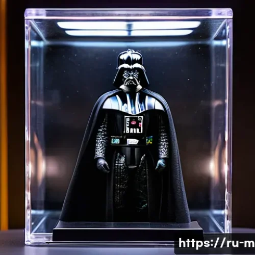 Home 26 미미 캐릭터와 굿즈 투자 전략 - A close-up shot of a pristine, first-edition action figure of Darth Vader from Star Wars, still seal...