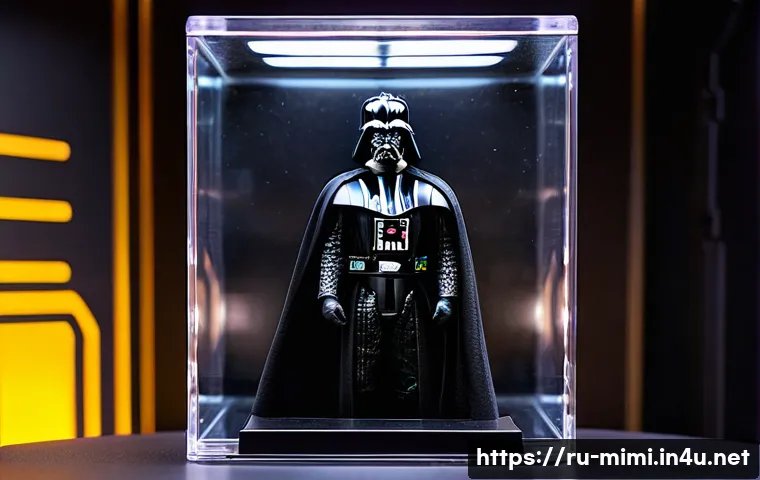 미미 캐릭터와 굿즈 투자 전략 - A close-up shot of a pristine, first-edition action figure of Darth Vader from Star Wars, still seal...