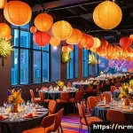 미미 캐릭터와 오프라인 이벤트 - A cozy, warmly lit event hall decorated with vibrant themed decorations reflecting a popular charact...
