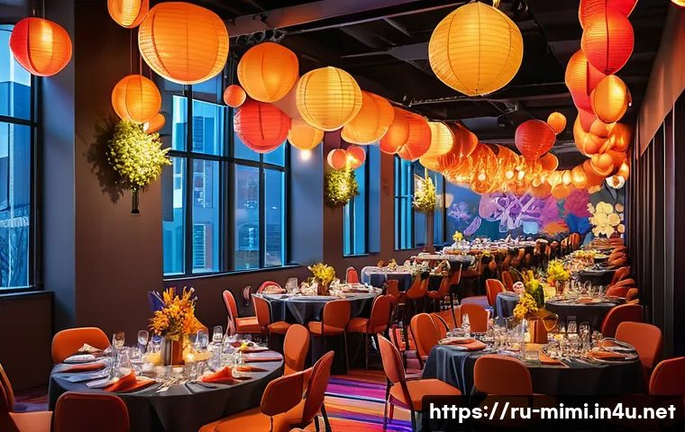 미미 캐릭터와 오프라인 이벤트 - A cozy, warmly lit event hall decorated with vibrant themed decorations reflecting a popular charact...