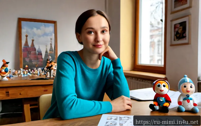 Home 17 미미 캐릭터 제작자 인터뷰 - Photorealistic editorial interview scene with a Russian character creator in a cozy Moscow art studi...